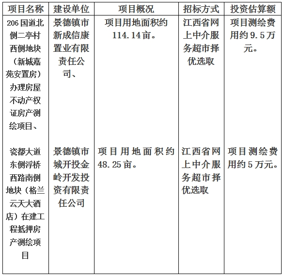 景德鎮市206國道北側二亭村西側地塊（新城嘉苑安置房）辦理房屋不動產權證房產測繪項目、瓷都大道東側浮橋西路南側地塊（格蘭云天大酒店）在建工程抵押房產測繪項目計劃公告